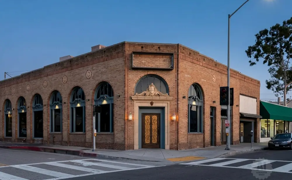 Corner brick building with arched windows and ornate entrance.