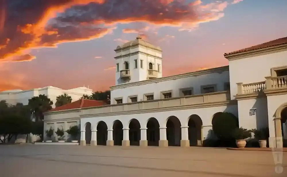 A Spanish-style building with a tower and arches against a vibrant orange and pink sunset sky.