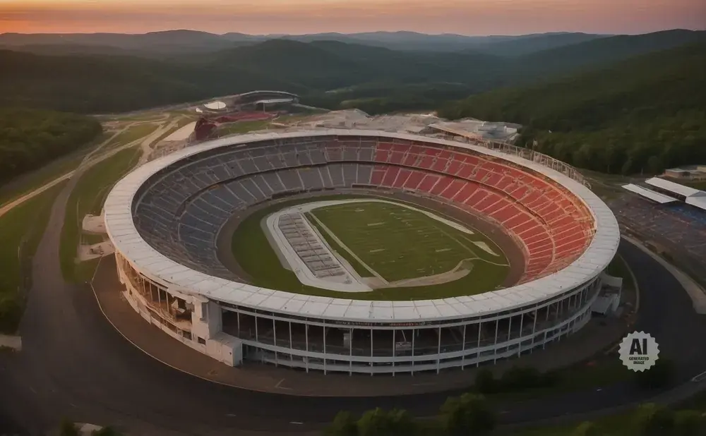Aerial view of a large, oval stadium with a green field, surrounded by forested hills at sunset.