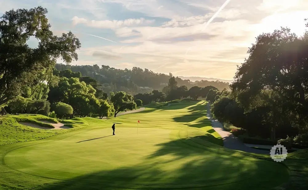 Golfer on a lush green golf course with rolling hills and trees under a hazy, sunlit sky.
