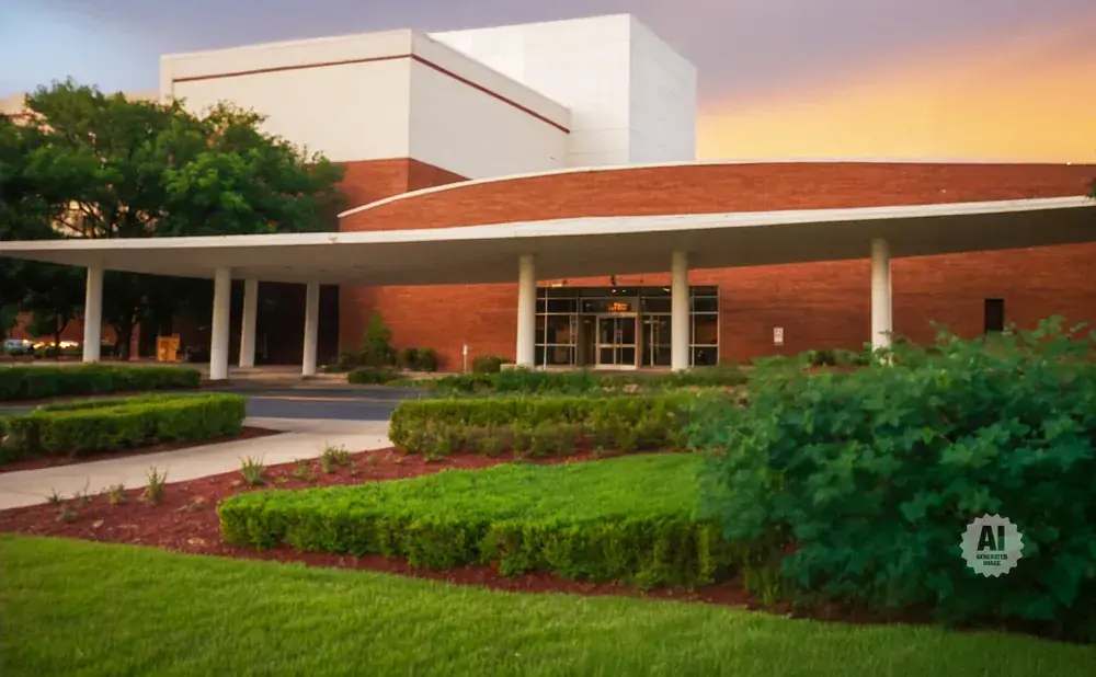 Modern building with brick facade and white canopy over entrance, surrounded by manicured landscaping and trees, at sunset.
