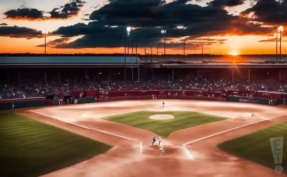 Baseball stadium at sunset with dramatic clouds and a vibrant orange sky.