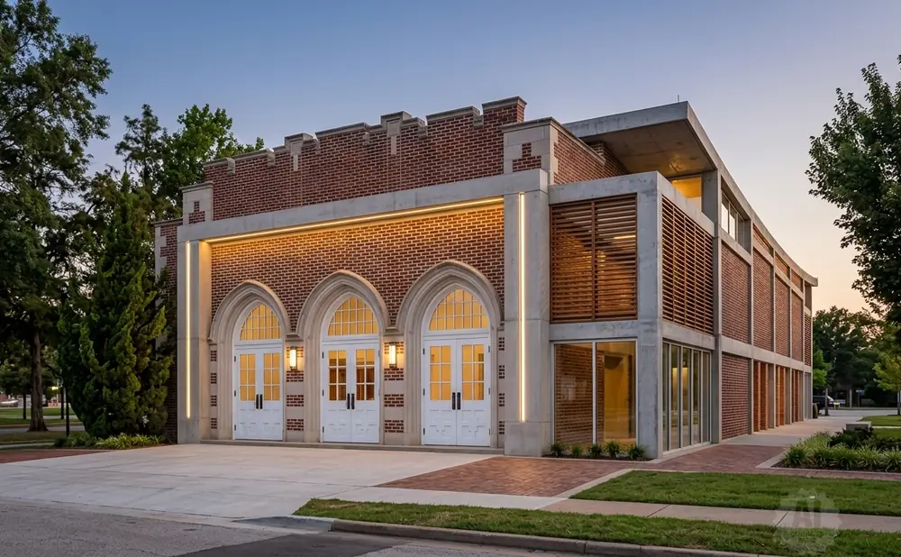 Modern brick building with arched doorways and slatted windows at dusk.
