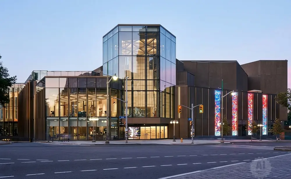 Modern glass and concrete building with colorful vertical light displays and city street in foreground.