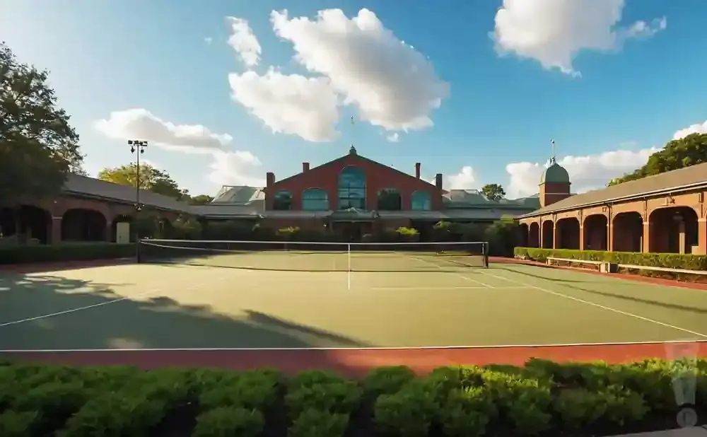 A tennis court with a brick building and a dome behind it, under a bright blue sky with clouds.