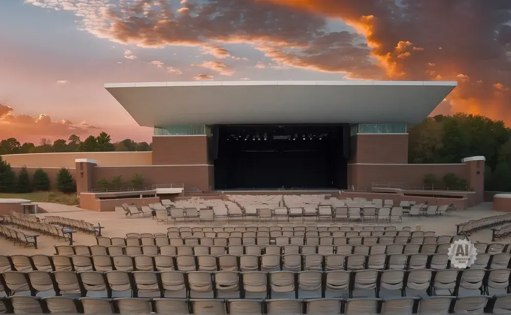 Outdoor amphitheater with rows of empty seats facing a stage, under a dramatic sunset sky.