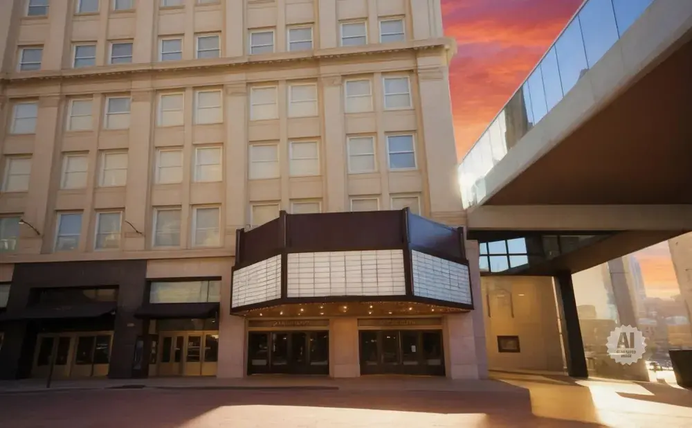 Exterior of an old building with a modern skywalk, illuminated marquee, and dramatic sunset.