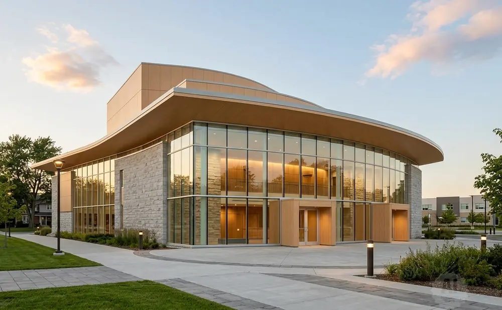 Modern building with stone and glass facade, curved roof, and surrounding landscaped area.