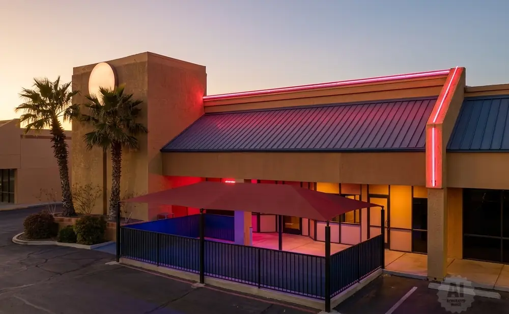 An outdoor patio with a red canopy and neon lights at dusk.