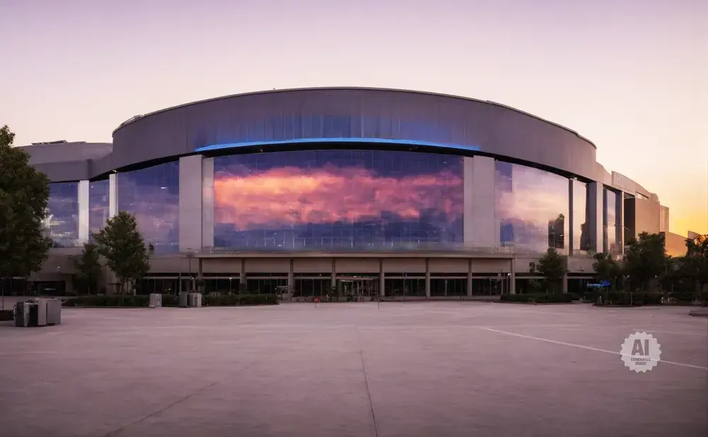 Large modern stadium with glass facade reflecting a pink and purple sunset sky.