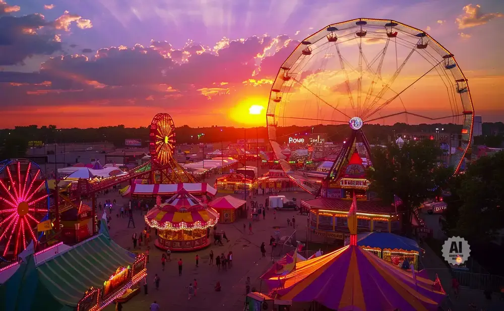 Ferris wheels and carnival rides at a fair during a colorful sunset.