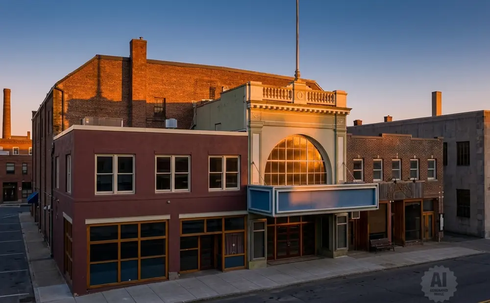 Exterior view of a brick building with windows and an arched window, lit by sunset.
