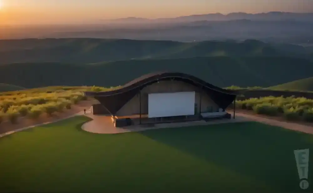 Outdoor amphitheater with a large screen and seating area, set against rolling hills at sunset.