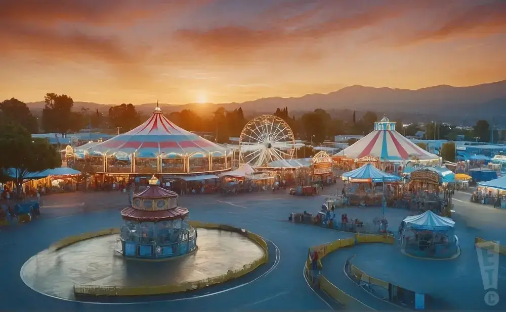 Amusement park with carousels and a Ferris wheel at sunset.