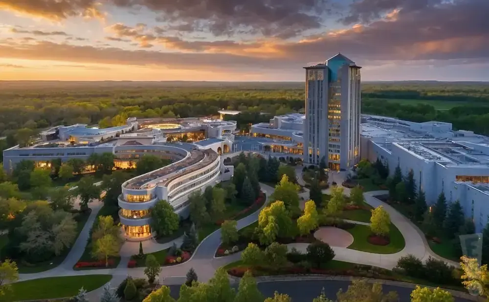 Aerial view of a modern curved building complex with a tall tower at sunset, surrounded by trees.
