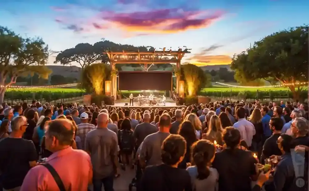 An outdoor concert at sunset with a band on stage in front of a vineyard.