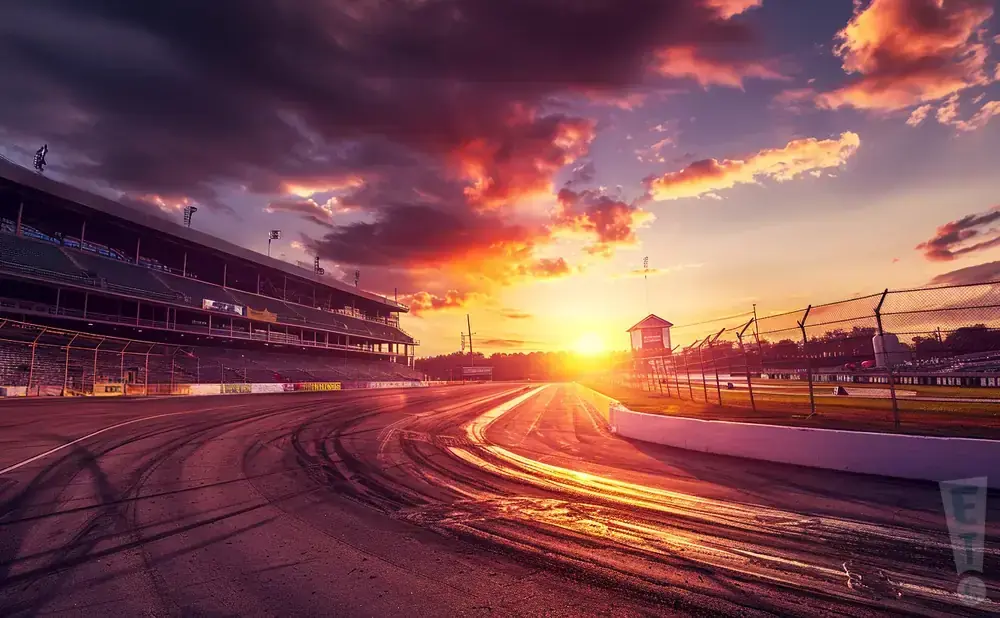A race track at sunset with dramatic clouds, grandstands, and tire marks.