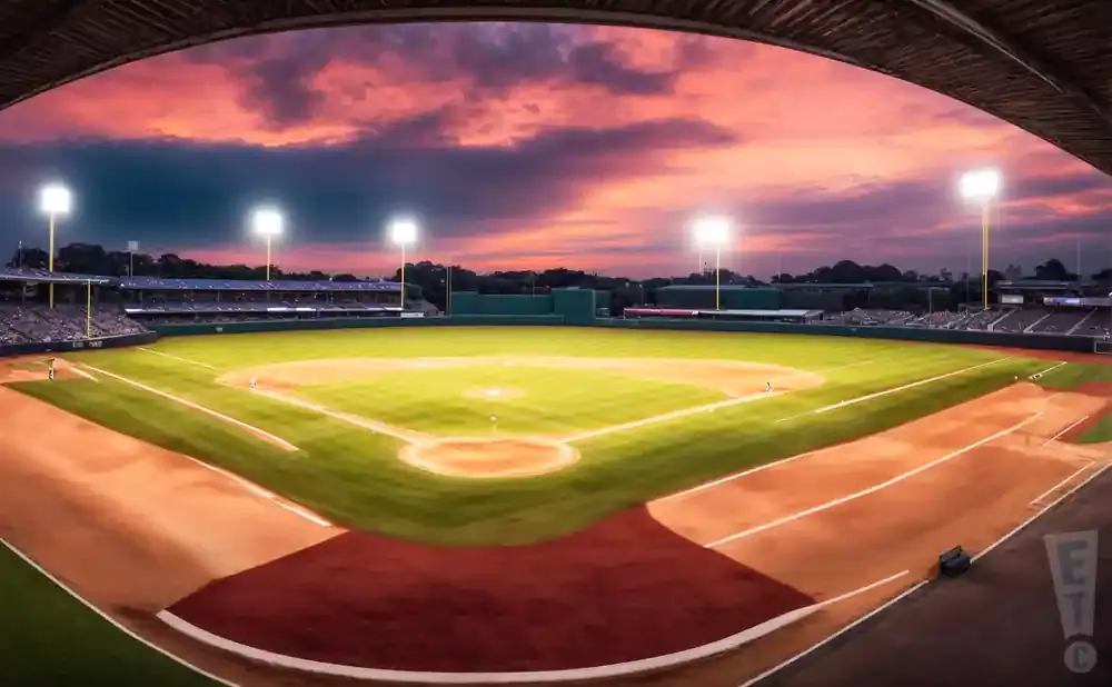 A baseball stadium at sunset with bright lights illuminating the field.