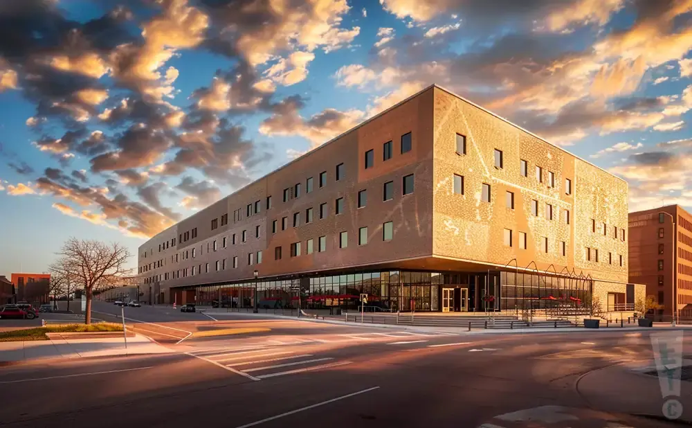 Modern building with patterned facade and glass ground floor, bathed in warm sunset light.