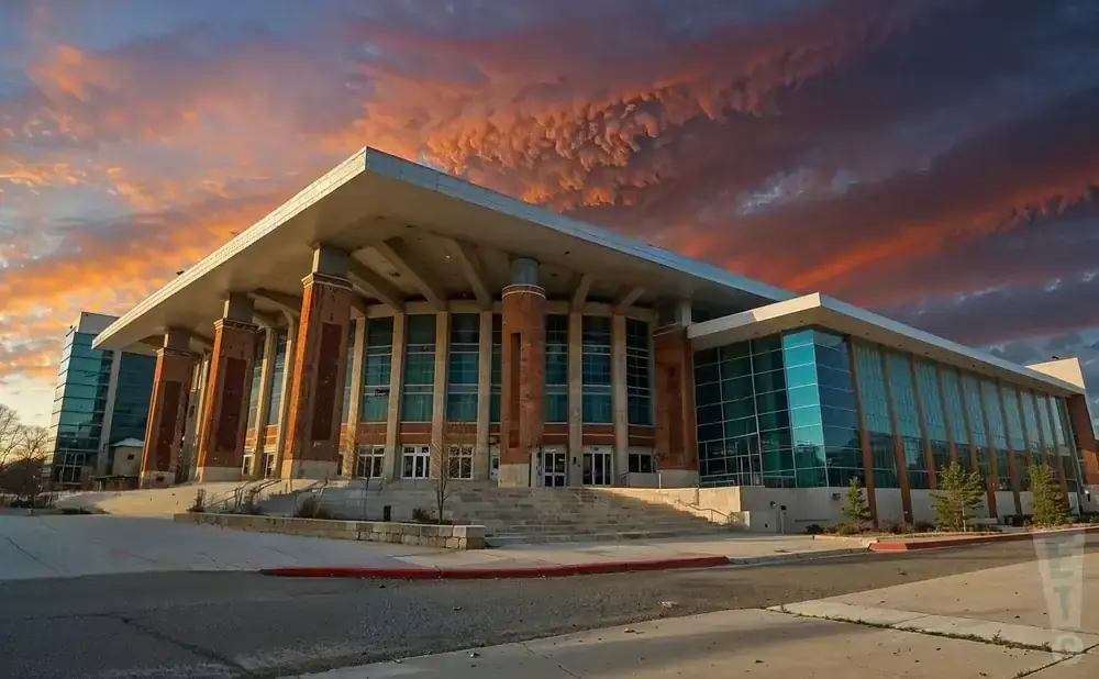 A modern building with brick pillars and glass windows stands under a dramatic sunset sky.