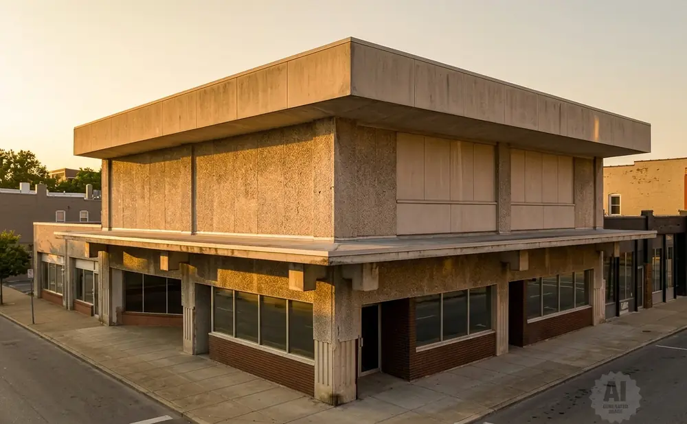Corner building with rough concrete facade and large windows, in a town during sunset.