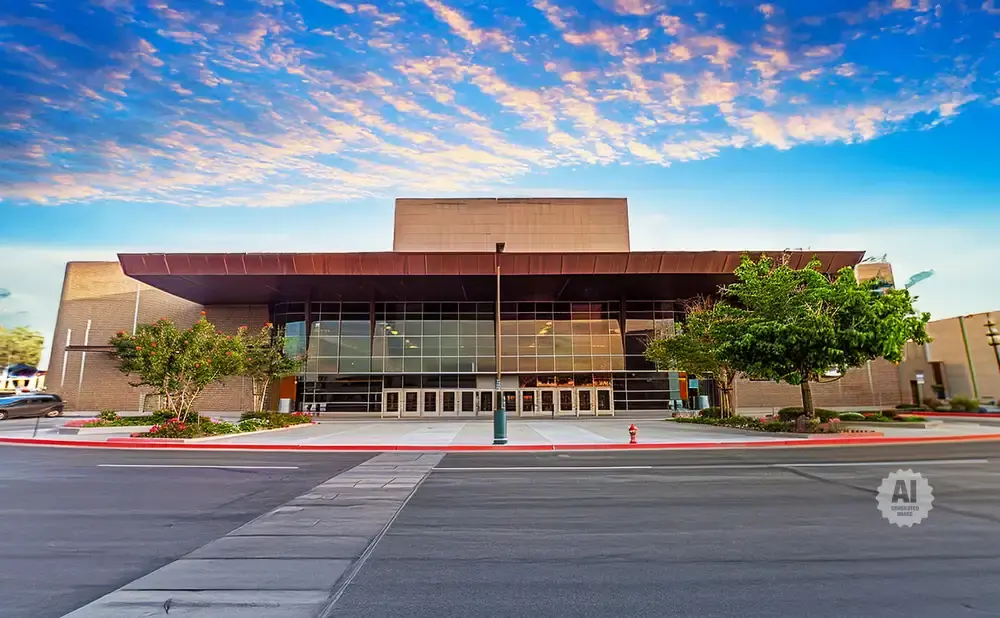 Modern convention center with a large glass facade and a copper-colored overhang, under a cloudy blue sky.