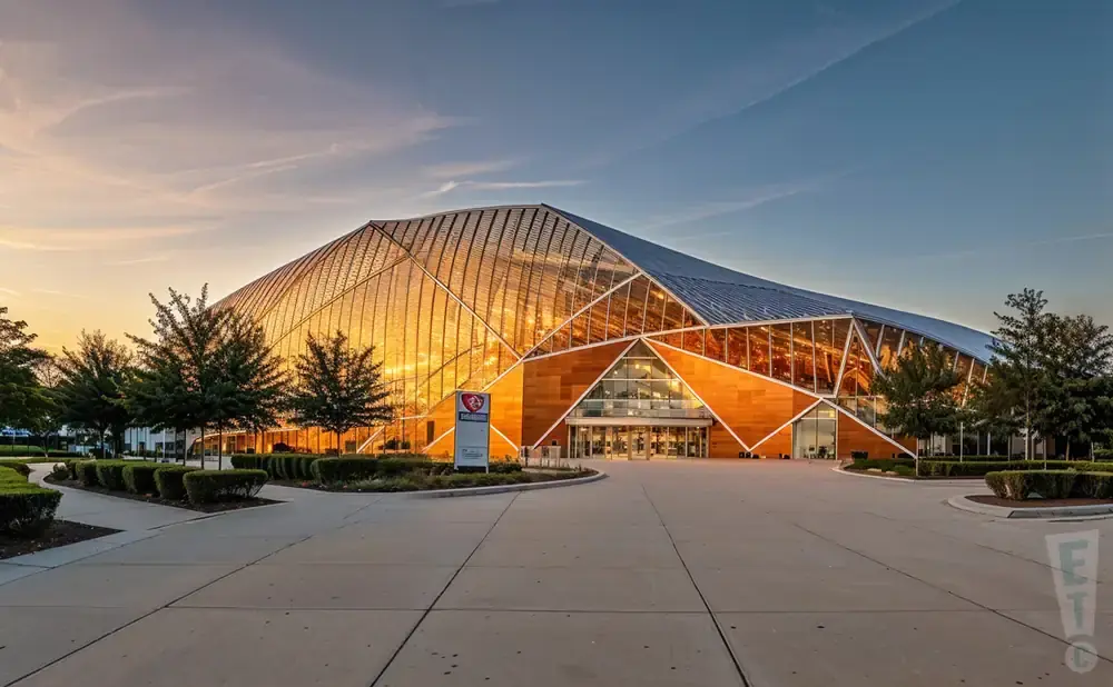 A modern building with a glass and wood exterior gleams in the sunset.