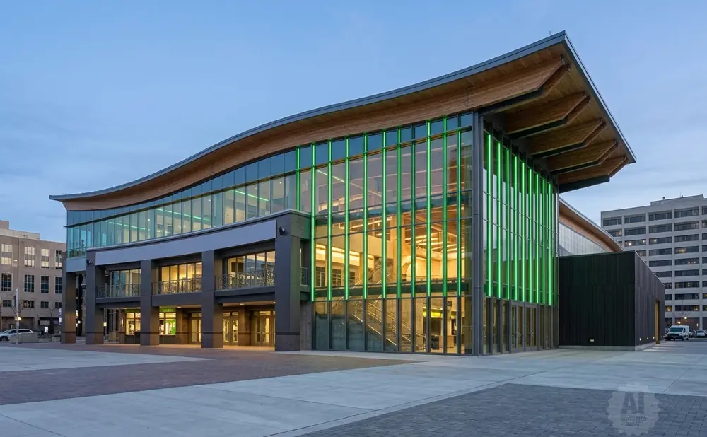 Modern building with a wavy wooden roof, green-lit glass facade, and a paved plaza.