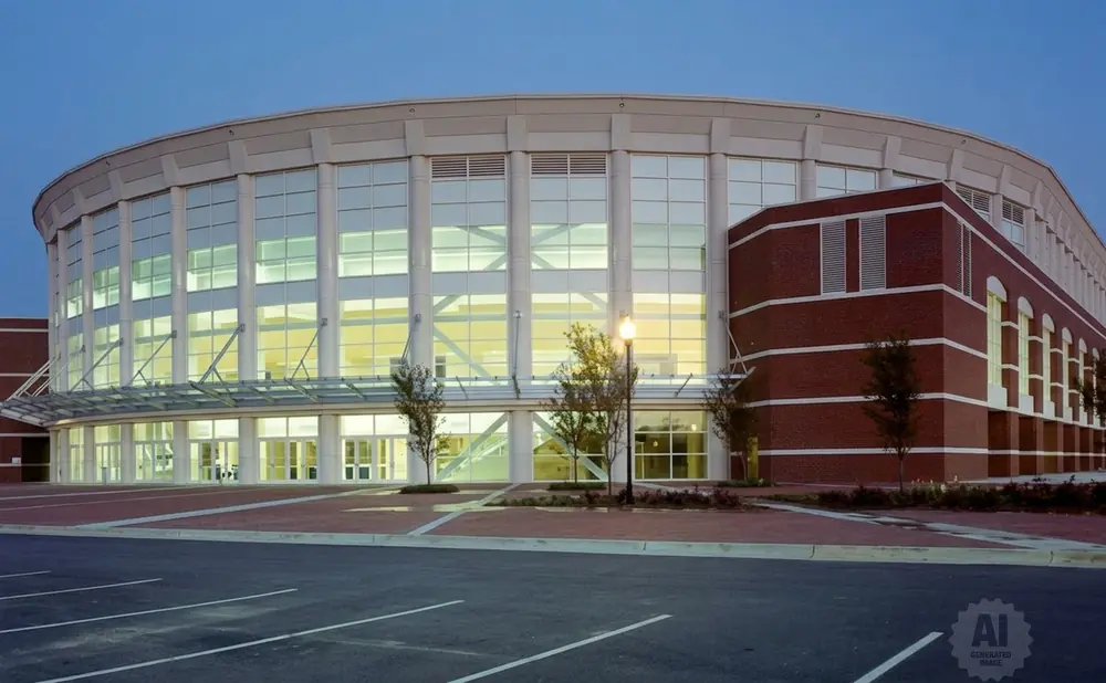 Modern round building with large windows and brick accents, at dusk.