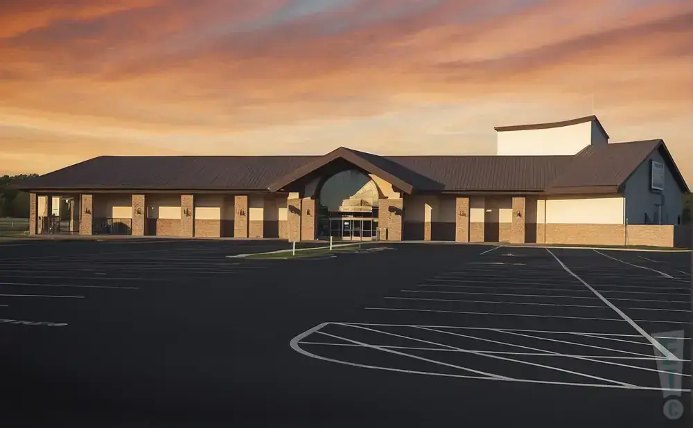 A modern building with a large arched glass entrance, set against a vibrant sunset sky, in front of an empty parking lot.