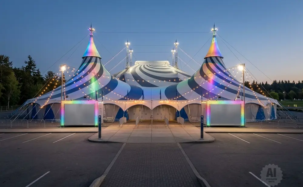A large blue and white striped circus tent with rainbow-colored lights is illuminated at dusk in a parking lot.