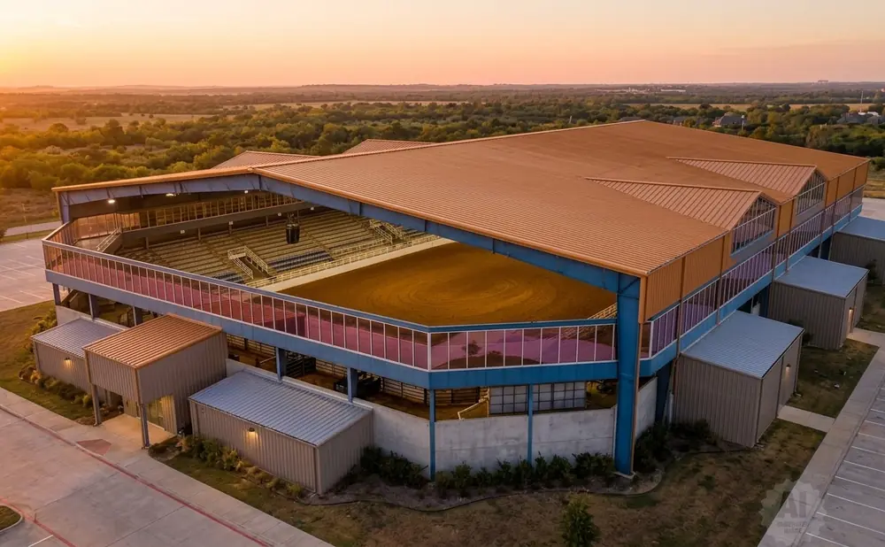 An aerial view of a rodeo arena at sunset, with a tan roof and blue and pink accents.