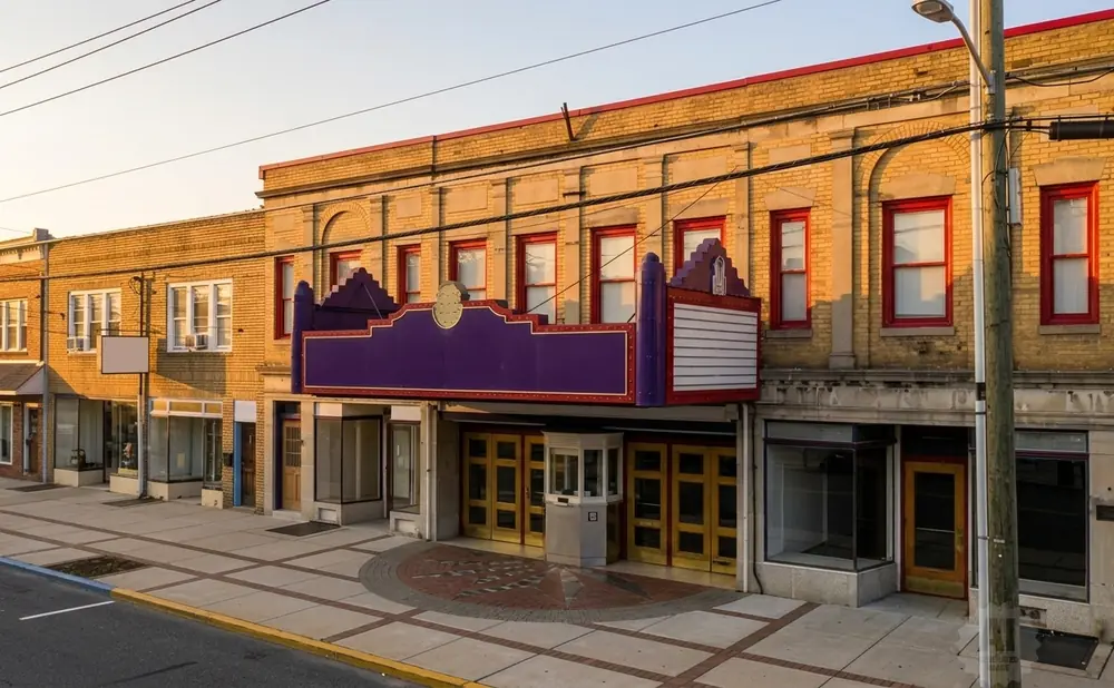 Marquee of a historic yellow brick theater with red-trimmed windows and purple accents.
