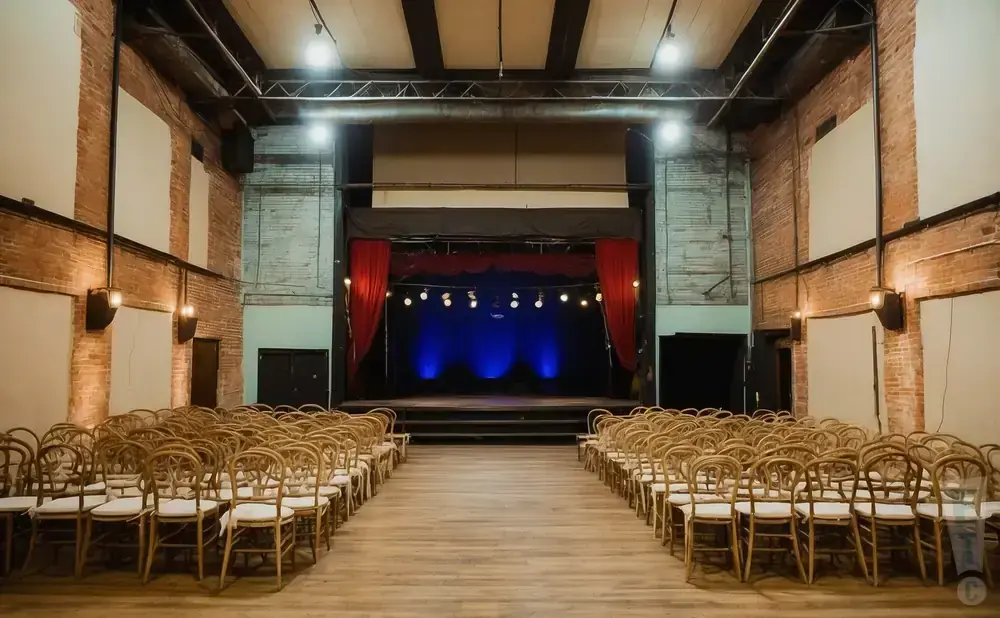 An empty theater with rows of chairs facing a stage with red curtains and blue stage lighting.
