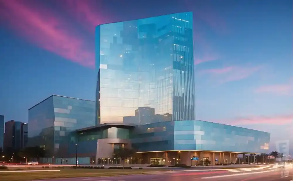 Modern glass skyscraper at dusk with colorful sky and car light trails.