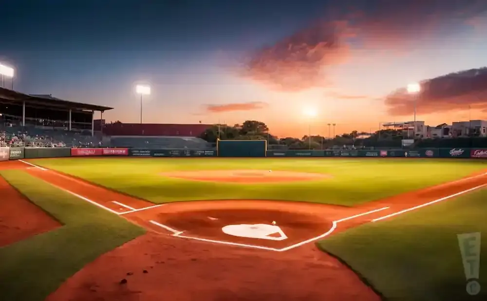 A baseball field at sunset with stadium lights and clouds.