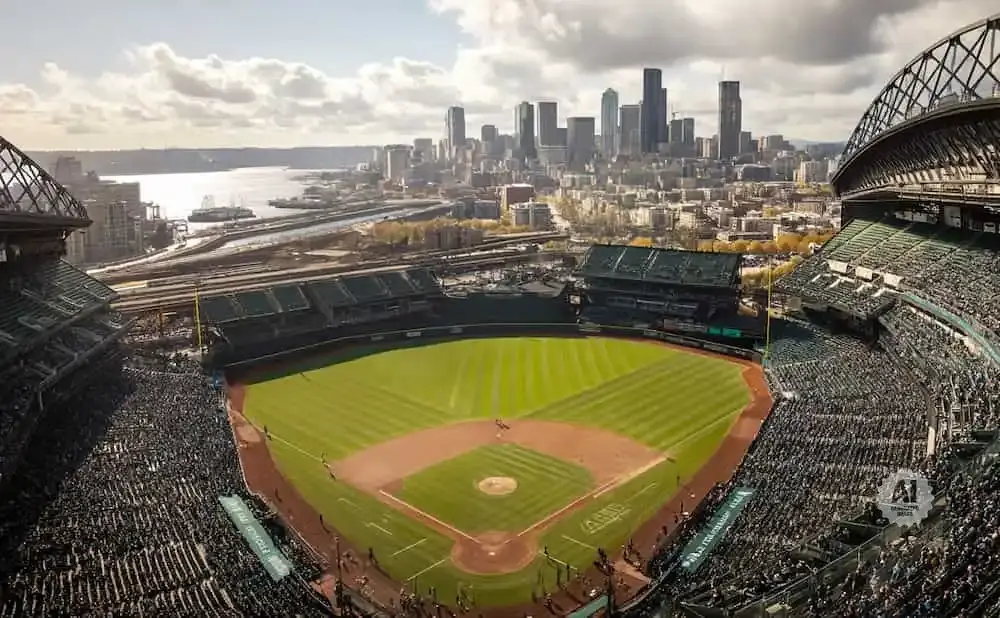 Aerial view of a packed baseball stadium with a city skyline in the background.