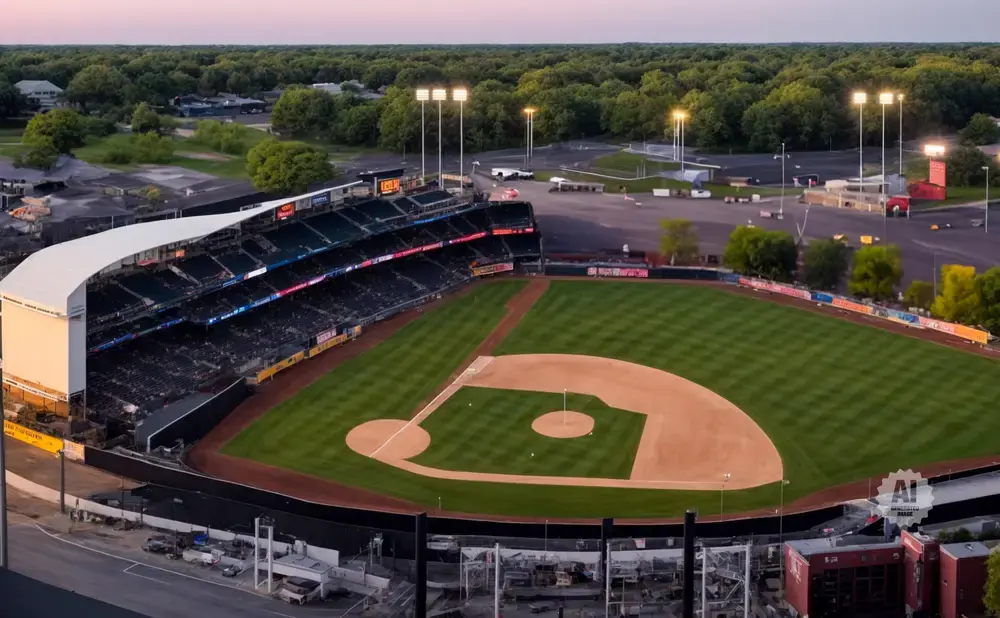 Aerial view of a baseball stadium at dusk with green outfield and empty stands.
