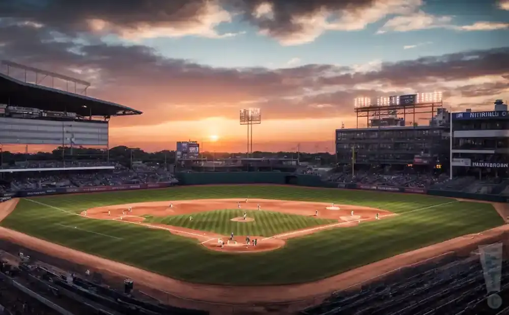 Baseball stadium at sunset with players on the field.