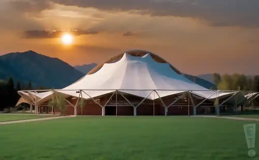 A large tent-like building with a unique, modern design sits in a grassy field at sunset.