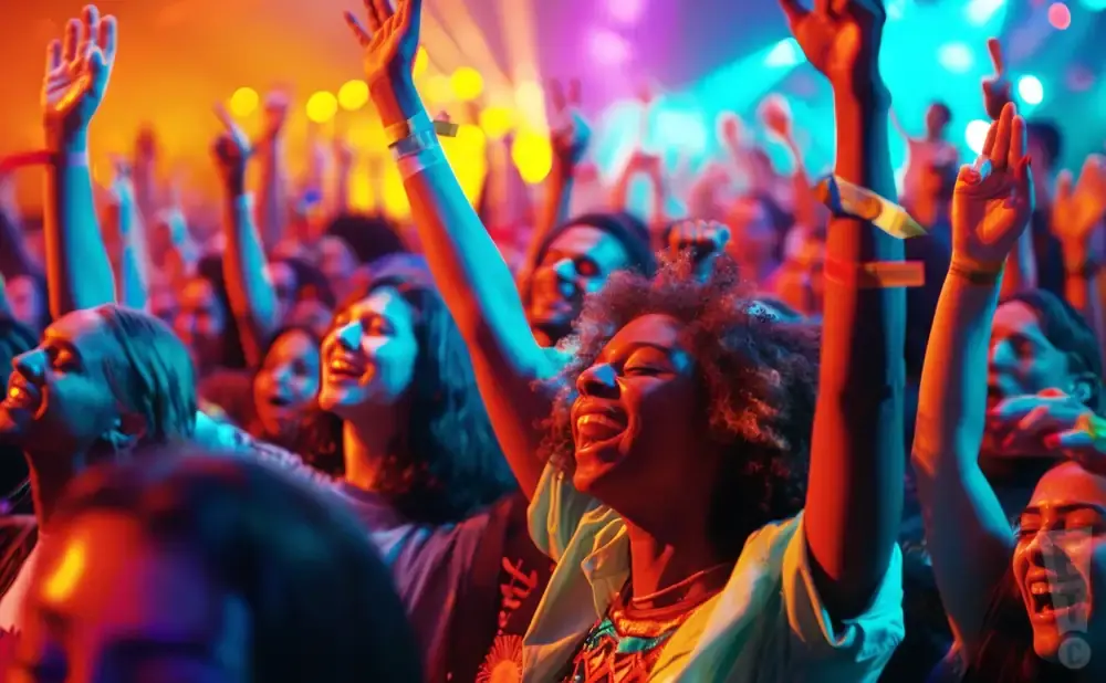 A diverse crowd cheers with raised hands at a vibrant concert with colorful lights.
