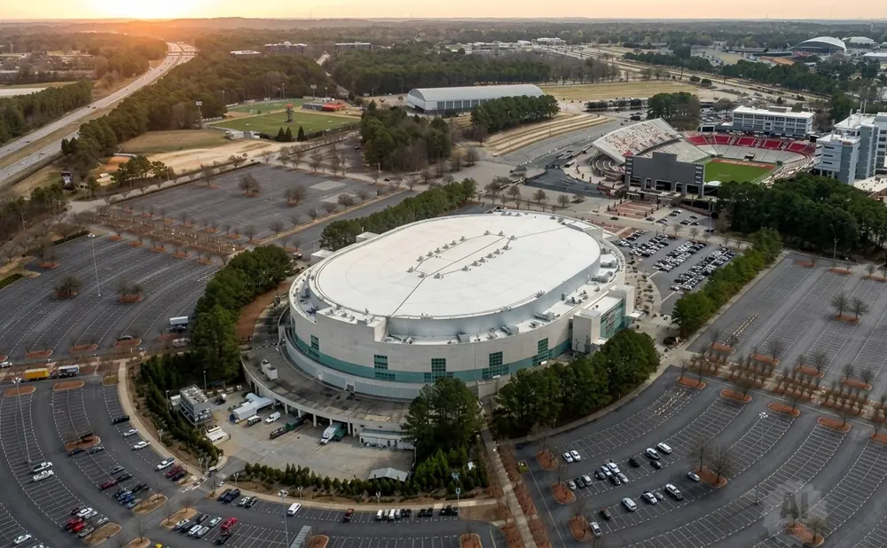 Aerial view of a large oval arena complex with surrounding parking lots and a football stadium.