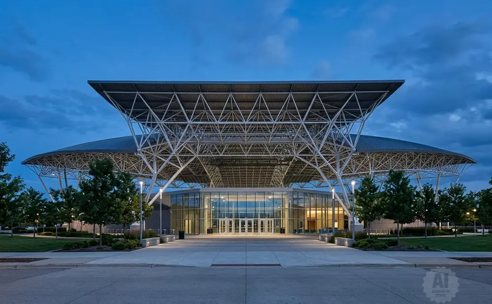 Modern convention center with a large, cantilevered roof supported by a steel exoskeleton.
