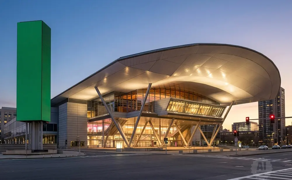 A modern convention center with a large, curved roof and a tall green LED tower in front.