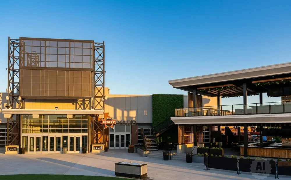 A modern entertainment venue with a large screen, multi-level outdoor seating, and a grassy area.