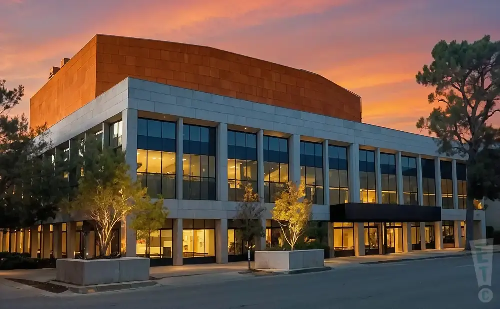 Modern building with large windows and orange brick facade against a colorful sunset sky.