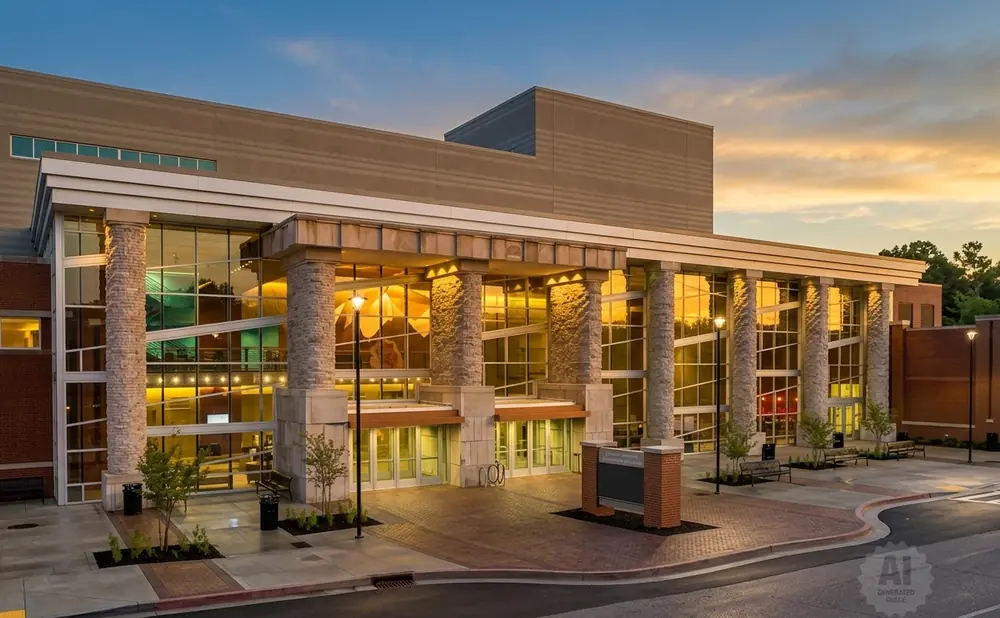 Exterior view of a modern brick and glass building with stone pillars at sunset.