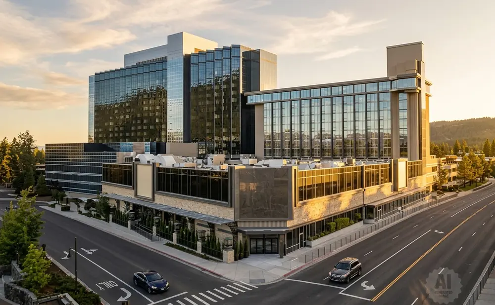 Modern hotel with glass facade and stone accents at sunset.