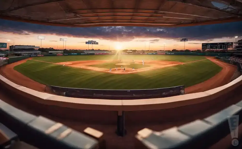 Baseball field at sunset with players on the diamond, viewed from the stadium seats.