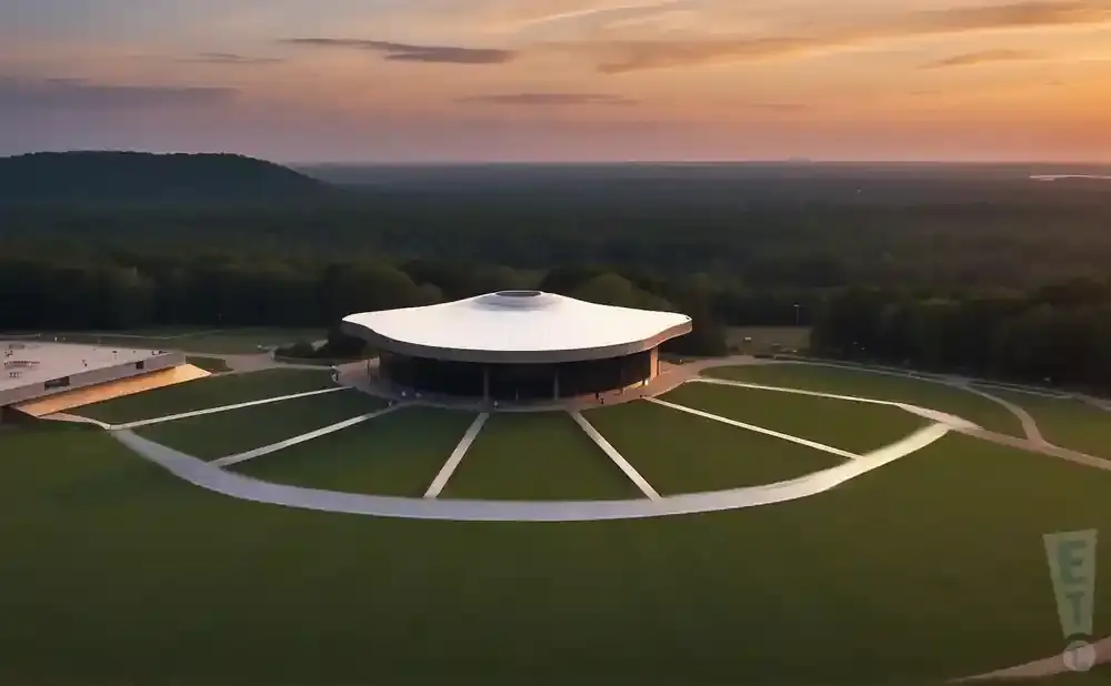An aerial view of a modern amphitheater with a large, white, mushroom-shaped roof, surrounded by green lawn and trees at sunset.